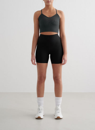 Black Ribbed Performance Midi Biker Shorts